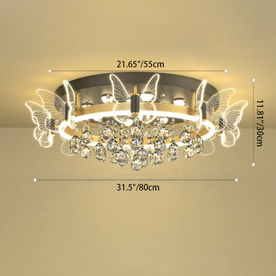 Modern Luxury Flower Butterfly Round Dome Crystal Metal Acrylic LED Flush Mount Ceiling Light For Bedroom