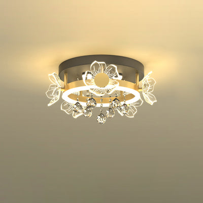 Modern Luxury Flower Butterfly Round Dome Crystal Metal Acrylic LED Flush Mount Ceiling Light For Bedroom