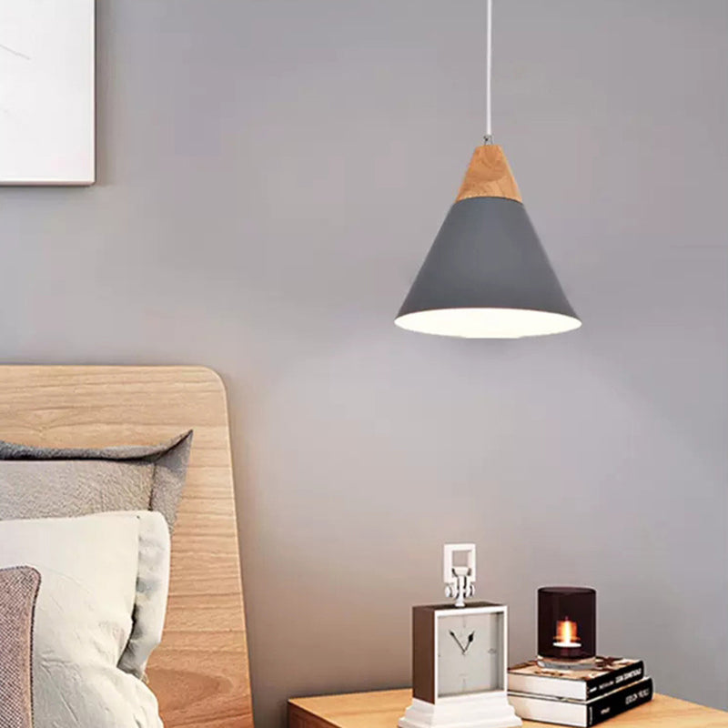 Contemporary Scandinavian Macaron Cone Round Aluminum Wood 1-Light Pendant Light For Bedroom