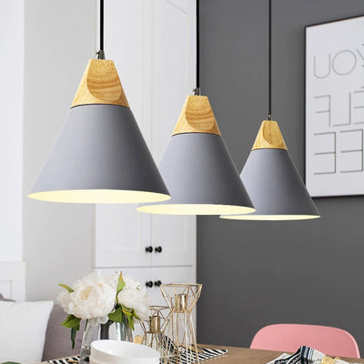 Contemporary Scandinavian Macaron Cone Round Aluminum Wood 1-Light Pendant Light For Bedroom