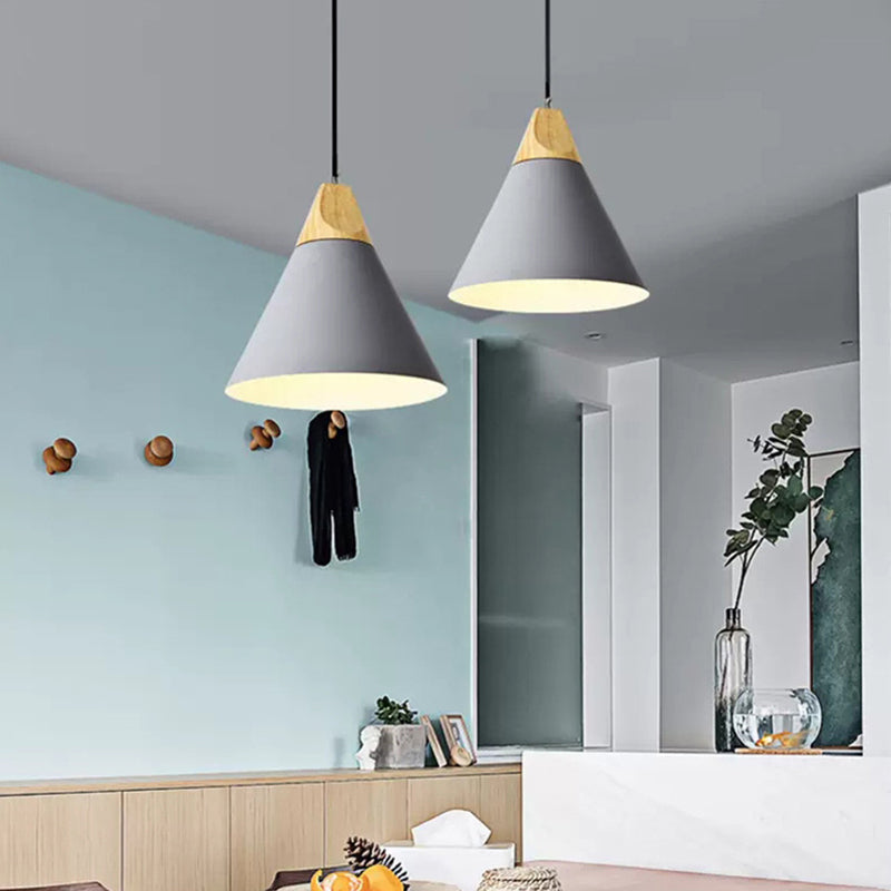 Contemporary Scandinavian Macaron Cone Round Aluminum Wood 1-Light Pendant Light For Bedroom