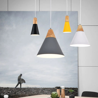 Contemporary Scandinavian Macaron Cone Round Aluminum Wood 1-Light Pendant Light For Bedroom