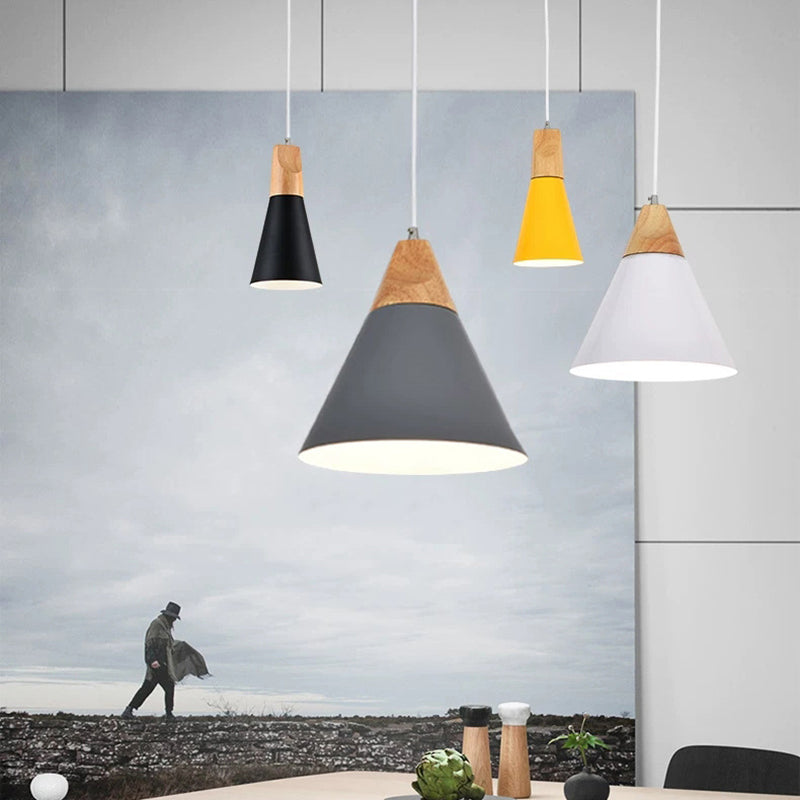 Contemporary Scandinavian Macaron Cone Round Aluminum Wood 1-Light Pendant Light For Bedroom