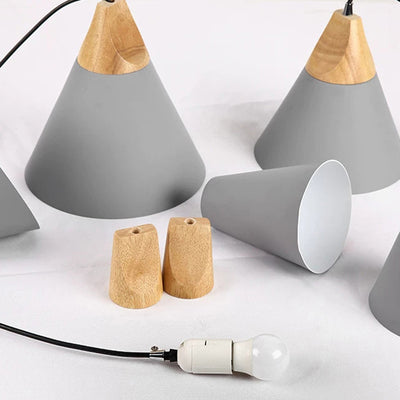 Contemporary Scandinavian Macaron Cone Round Aluminum Wood 1-Light Pendant Light For Bedroom