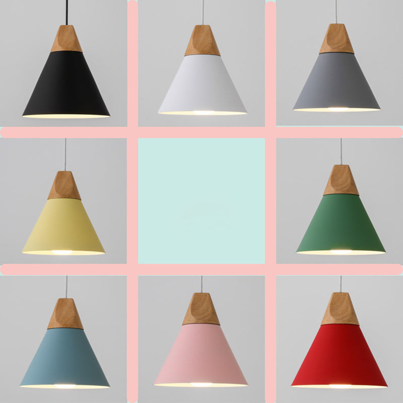 Contemporary Scandinavian Macaron Cone Round Aluminum Wood 1-Light Pendant Light For Bedroom