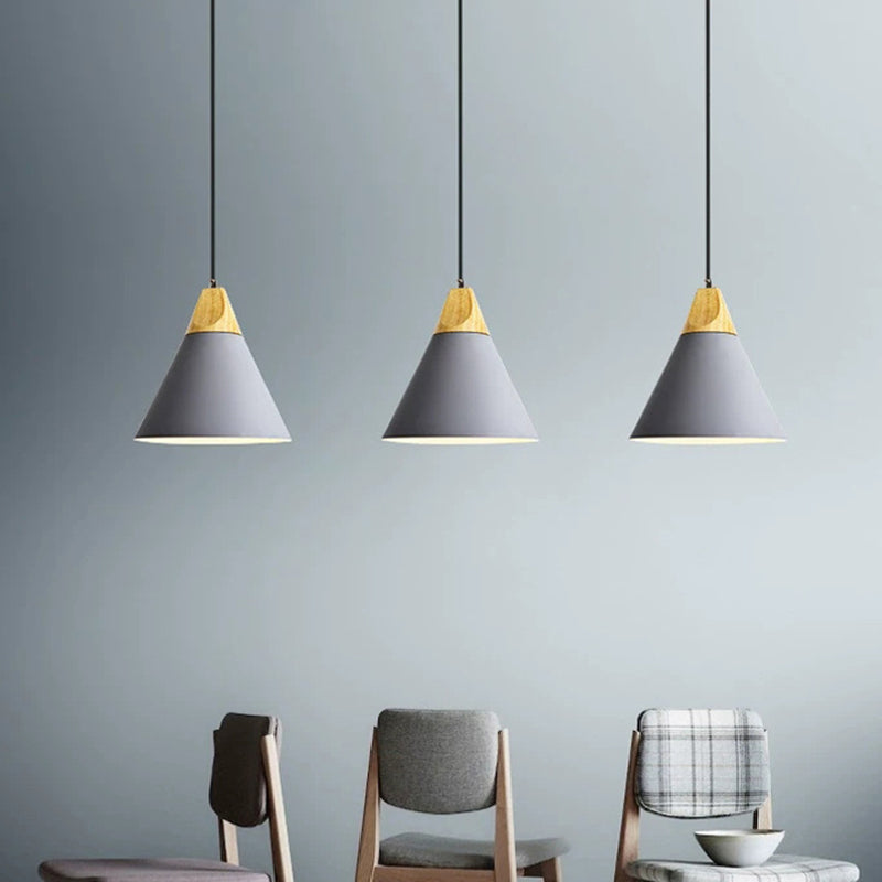 Contemporary Scandinavian Macaron Cone Round Aluminum Wood 1-Light Pendant Light For Bedroom