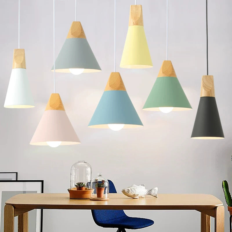 Contemporary Scandinavian Macaron Cone Round Aluminum Wood 1-Light Pendant Light For Bedroom