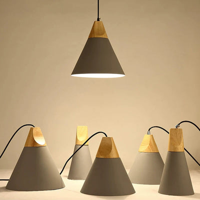 Contemporary Scandinavian Macaron Cone Round Aluminum Wood 1-Light Pendant Light For Bedroom