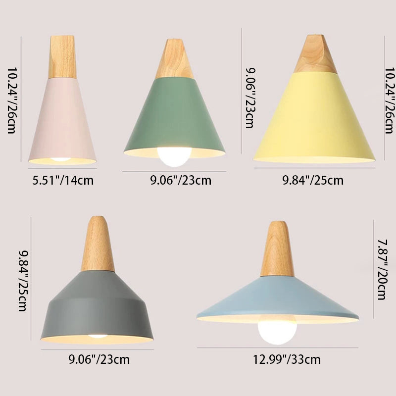 Contemporary Scandinavian Macaron Cone Round Aluminum Wood 1-Light Pendant Light For Bedroom