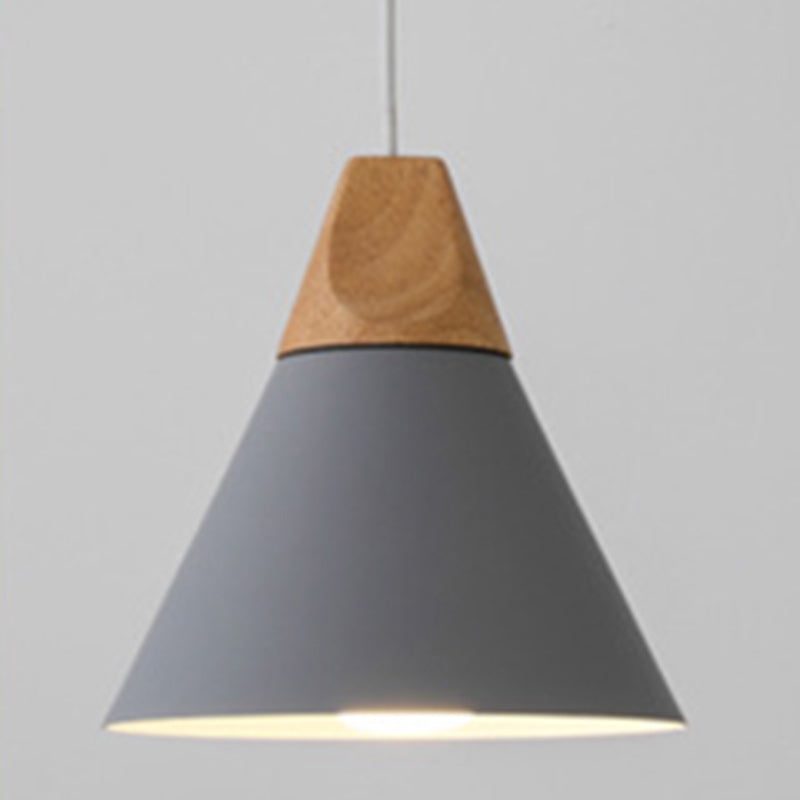 Contemporary Scandinavian Macaron Cone Round Aluminum Wood 1-Light Pendant Light For Bedroom