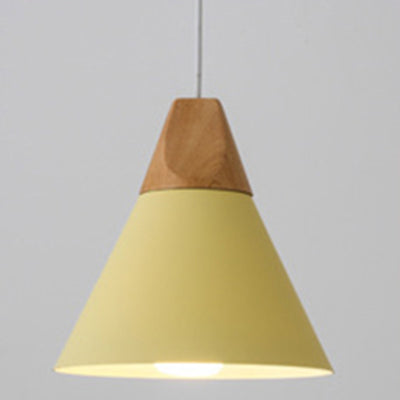 Contemporary Scandinavian Macaron Cone Round Aluminum Wood 1-Light Pendant Light For Bedroom