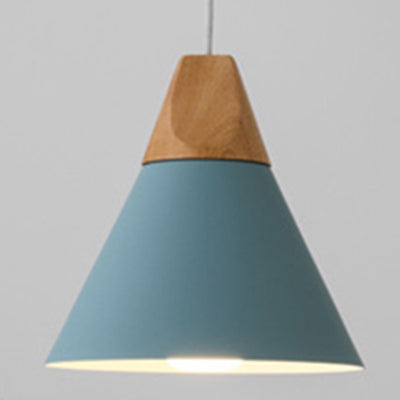 Contemporary Scandinavian Macaron Cone Round Aluminum Wood 1-Light Pendant Light For Bedroom