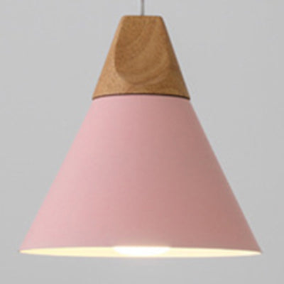 Contemporary Scandinavian Macaron Cone Round Aluminum Wood 1-Light Pendant Light For Bedroom