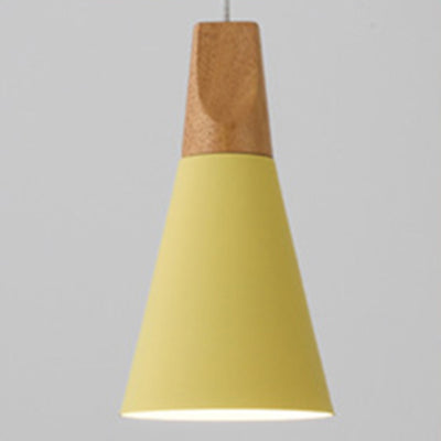 Contemporary Scandinavian Macaron Cone Round Aluminum Wood 1-Light Pendant Light For Bedroom