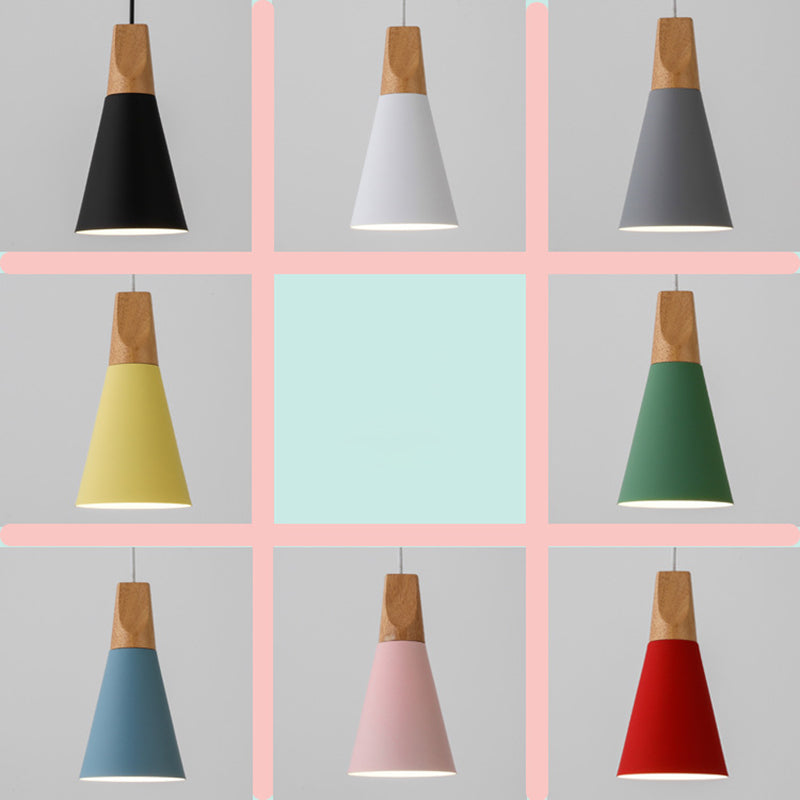 Contemporary Scandinavian Macaron Cone Round Aluminum Wood 1-Light Pendant Light For Bedroom