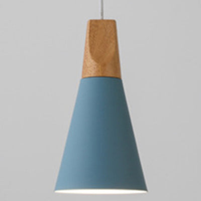 Contemporary Scandinavian Macaron Cone Round Aluminum Wood 1-Light Pendant Light For Bedroom