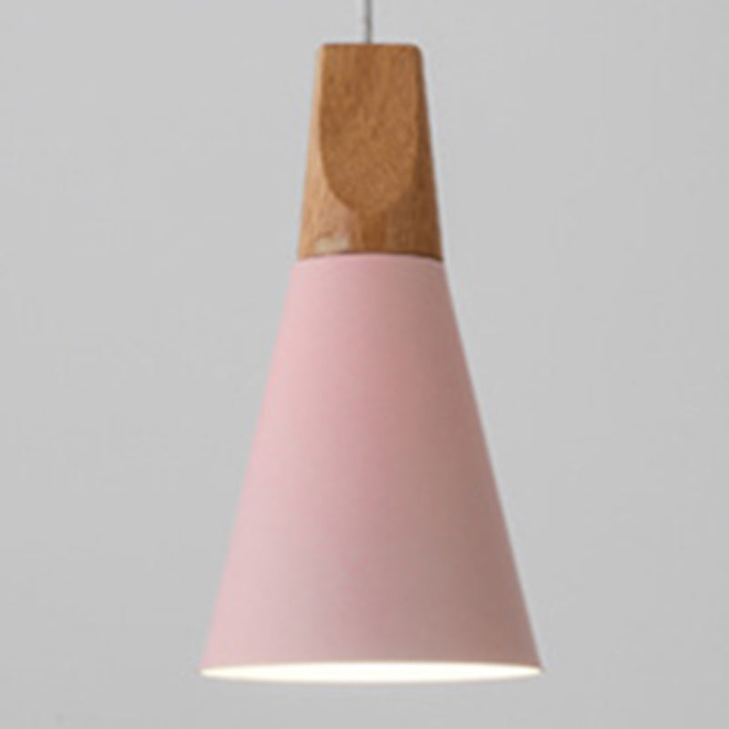 Contemporary Scandinavian Macaron Cone Round Aluminum Wood 1-Light Pendant Light For Bedroom