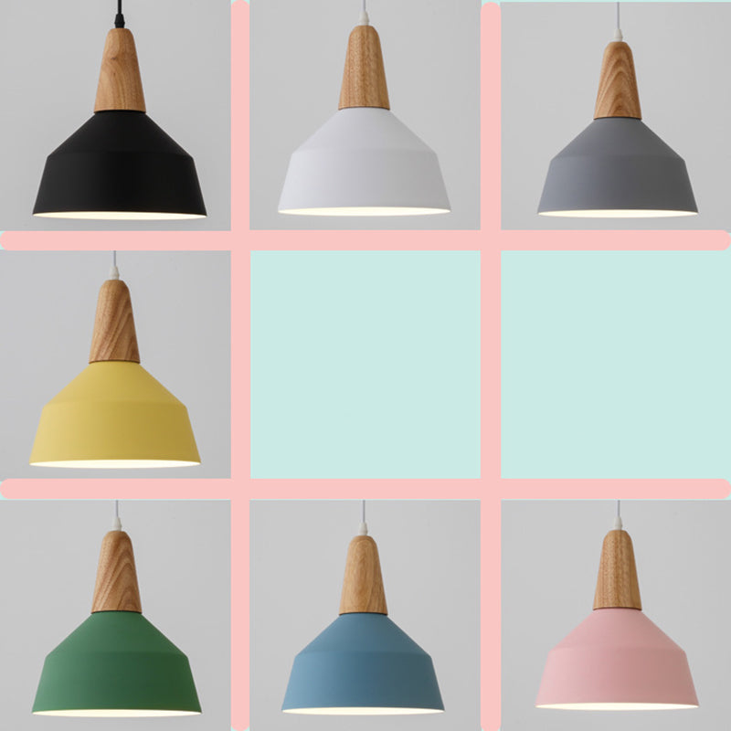 Contemporary Scandinavian Macaron Cone Round Aluminum Wood 1-Light Pendant Light For Bedroom