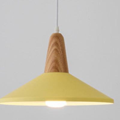 Contemporary Scandinavian Macaron Cone Round Aluminum Wood 1-Light Pendant Light For Bedroom