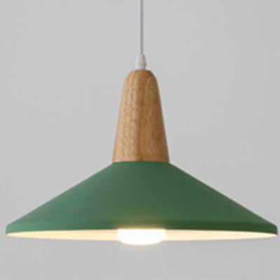 Contemporary Scandinavian Macaron Cone Round Aluminum Wood 1-Light Pendant Light For Bedroom