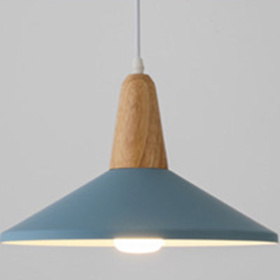 Contemporary Scandinavian Macaron Cone Round Aluminum Wood 1-Light Pendant Light For Bedroom