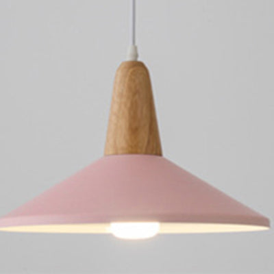 Contemporary Scandinavian Macaron Cone Round Aluminum Wood 1-Light Pendant Light For Bedroom