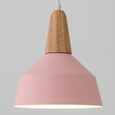 Contemporary Scandinavian Macaron Cone Round Aluminum Wood 1-Light Pendant Light For Bedroom