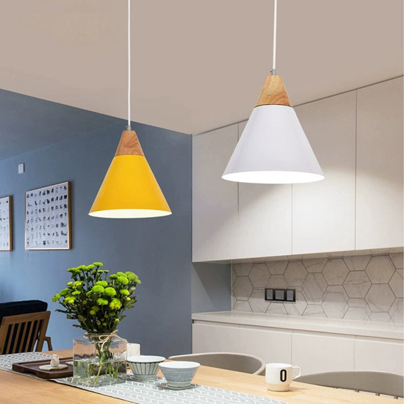 Contemporary Scandinavian Macaron Cone Round Aluminum Wood 1-Light Pendant Light For Bedroom