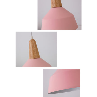 Contemporary Scandinavian Macaron Cone Round Aluminum Wood 1-Light Pendant Light For Bedroom