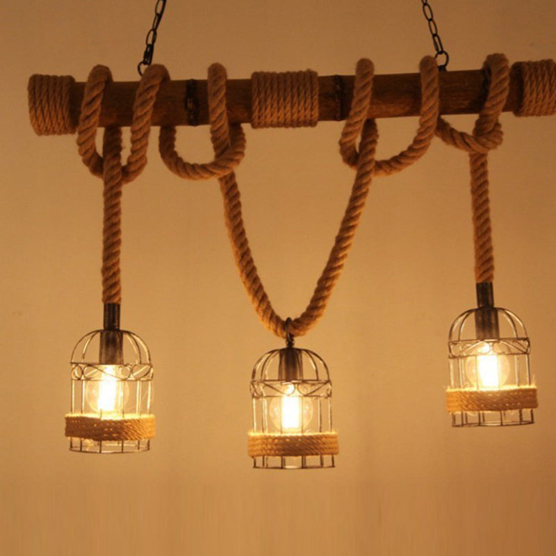 Traditional Rustic Birdcage Hemp Rope Cylinder Iron 3-Light Chandelier For Dining Room