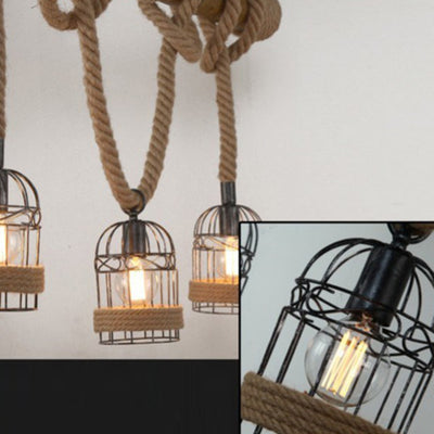 Traditional Rustic Birdcage Hemp Rope Cylinder Iron 3-Light Chandelier For Dining Room