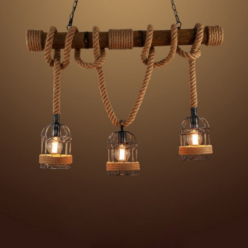 Traditional Rustic Birdcage Hemp Rope Cylinder Iron 3-Light Chandelier For Dining Room