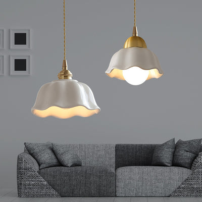 Modern Scandinavian Pleated Half Circle Copper Ceramic 1-Light Pendant Light For Bedroom