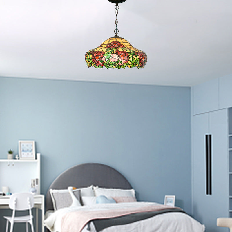 Traditional Tiffany Rose Round Cone Iron Stained Glass 3-Light Pendant Light For Bedroom