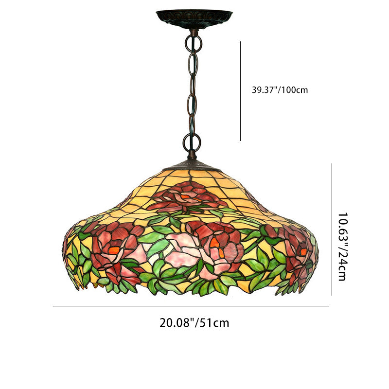 Traditional Tiffany Rose Round Cone Iron Stained Glass 3-Light Pendant Light For Bedroom