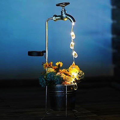 Modern Art Deco Solar Faucet Water Drops Flowing Water Planter Shape Iron LED Outdoor Light For Garden