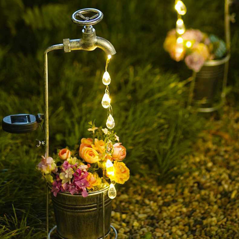 Modern Art Deco Solar Faucet Water Drops Flowing Water Planter Shape Iron LED Outdoor Light For Garden