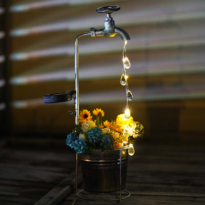 Modern Art Deco Solar Faucet Water Drops Flowing Water Planter Shape Iron LED Outdoor Light For Garden