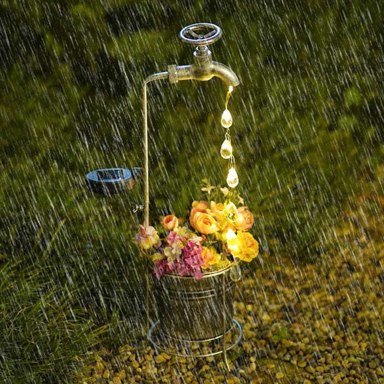 Modern Art Deco Solar Faucet Water Drops Flowing Water Planter Shape Iron LED Outdoor Light For Garden