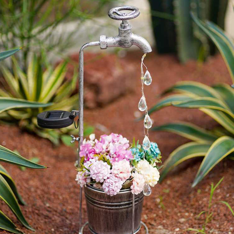 Modern Art Deco Solar Faucet Water Drops Flowing Water Planter Shape Iron LED Outdoor Light For Garden