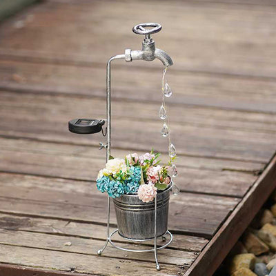 Modern Art Deco Solar Faucet Water Drops Flowing Water Planter Shape Iron LED Outdoor Light For Garden