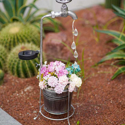 Modern Art Deco Solar Faucet Water Drops Flowing Water Planter Shape Iron LED Outdoor Light For Garden