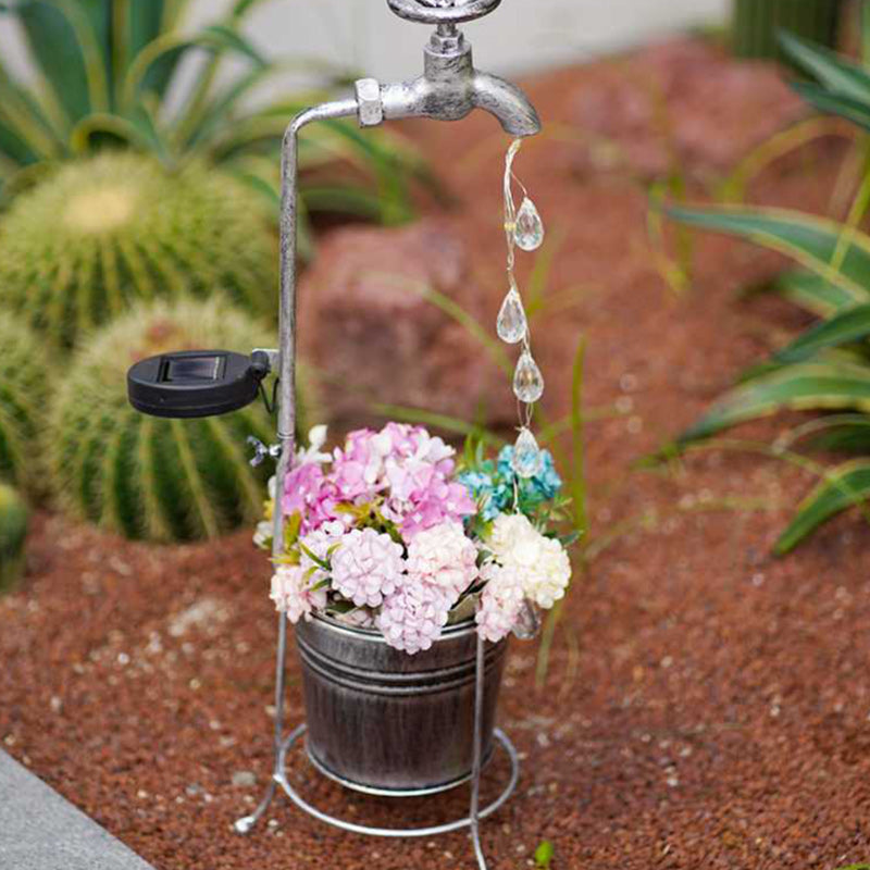 Modern Art Deco Solar Faucet Water Drops Flowing Water Planter Shape Iron LED Outdoor Light For Garden