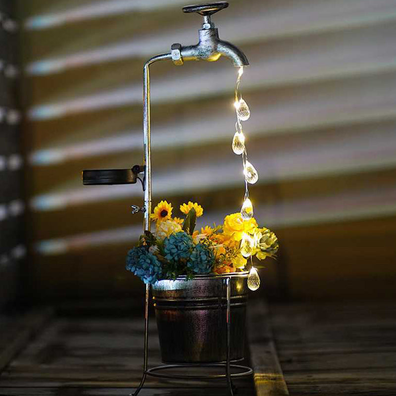 Modern Art Deco Solar Faucet Water Drops Flowing Water Planter Shape Iron LED Outdoor Light For Garden