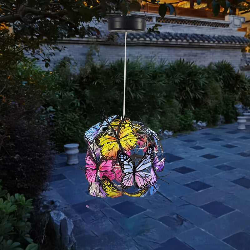 Modern Art Deco Hanging Solar Waterproof Butterfly Ball Round Iron LED Outdoor Light For Garden