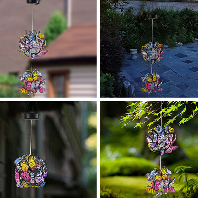 Modern Art Deco Hanging Solar Waterproof Butterfly Ball Round Iron LED Outdoor Light For Garden