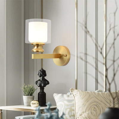 Modern Luxury Round Cylindrical Spherical Copper Glass 1-Light Wall Sconce Lamp For Bedroom