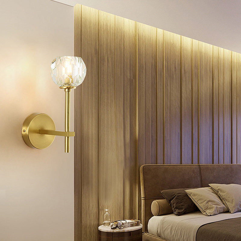 Modern Luxury Round Cylindrical Spherical Copper Glass 1-Light Wall Sconce Lamp For Bedroom