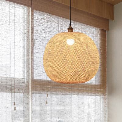 Traditional Japanese Bamboo Woven Round Orb Bamboo 1-Light Pendant Light For Bedroom