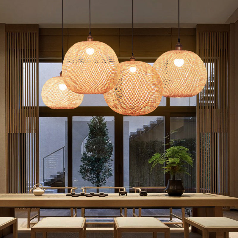 Traditional Japanese Bamboo Woven Round Orb Bamboo 1-Light Pendant Light For Bedroom